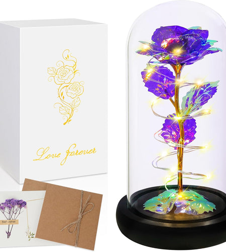 Rose Flower Gifts for Women,Birthday Gifts for Women,Womens Gifts for Christmas,Mom Gift for Xmas, Purple Colorful Artificial Flower Rose Light up Rose in a Glass Dome,Flower Gifts for Her,Anniversary