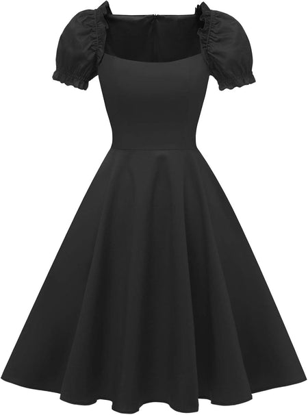 Women'S Puff Short Sleeve 1950S Party Dresses Square Neck Aline Dress with Pockets