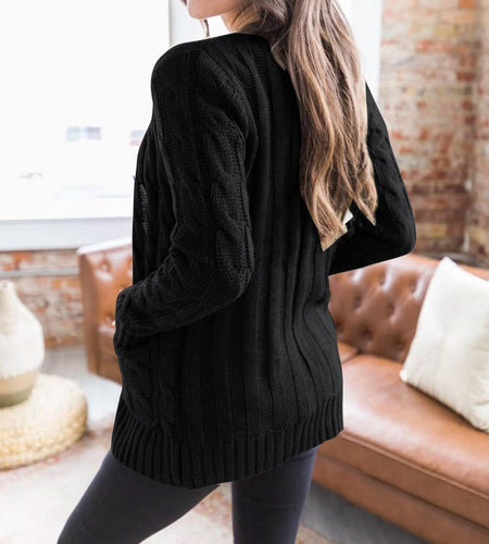 Women'S Long Sleeve Cable Knit Sweater Open Front Cardigan Button Loose Outerwear