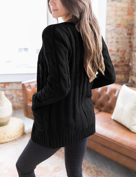 Women'S Long Sleeve Cable Knit Sweater Open Front Cardigan Button Loose Outerwear