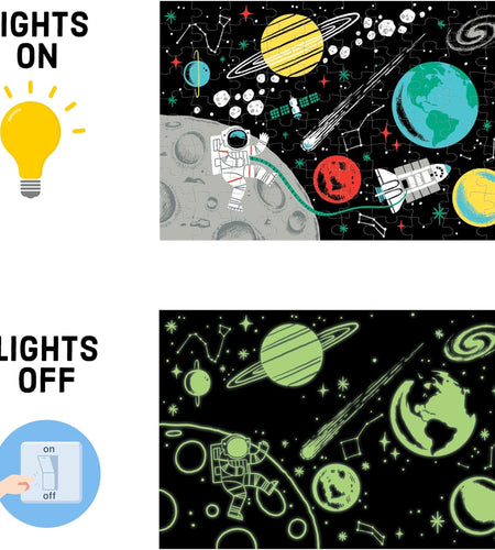 Outer Space Glow-In-The-Dark Puzzle, 100 Pieces, 18”X12”, Made for Kids Age 5+, Illustrations of Planets, Stars, Spaceships and More, Award-Winning Glow in the Dark Puzzle