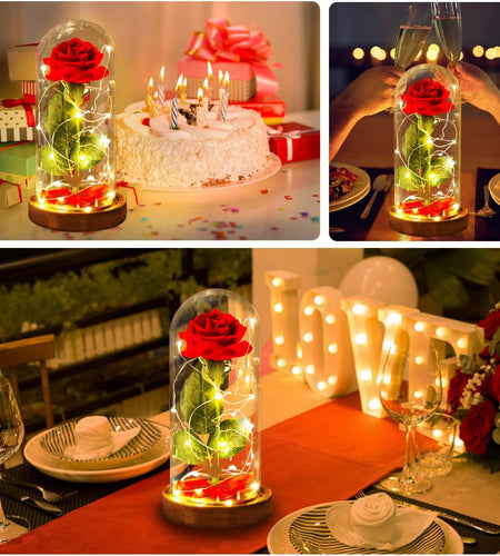 Beauty and the Beast Red Rose in Glass Dome with Fairy Light String, Valentine Rose Gift for Her, Gifts for Girlfriend, Mother'S Day Gifts