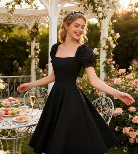 Women'S Puff Short Sleeve 1950S Party Dresses Square Neck Aline Dress with Pockets