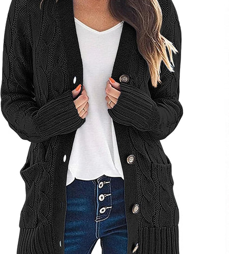Women'S Long Sleeve Cable Knit Sweater Open Front Cardigan Button Loose Outerwear