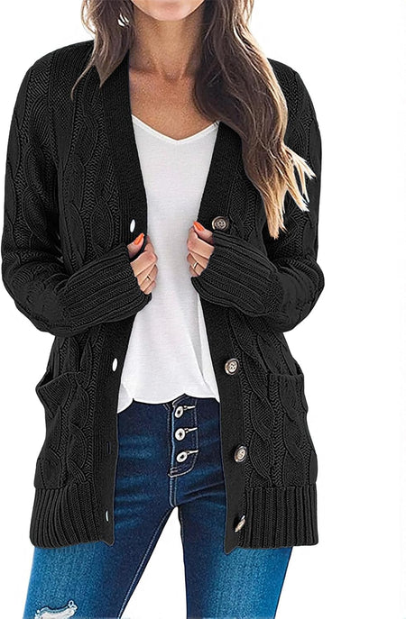 Women'S Long Sleeve Cable Knit Sweater Open Front Cardigan Button Loose Outerwear