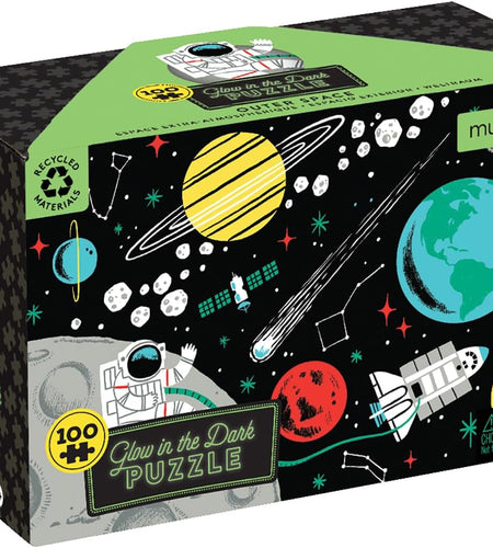 Outer Space Glow-In-The-Dark Puzzle, 100 Pieces, 18”X12”, Made for Kids Age 5+, Illustrations of Planets, Stars, Spaceships and More, Award-Winning Glow in the Dark Puzzle