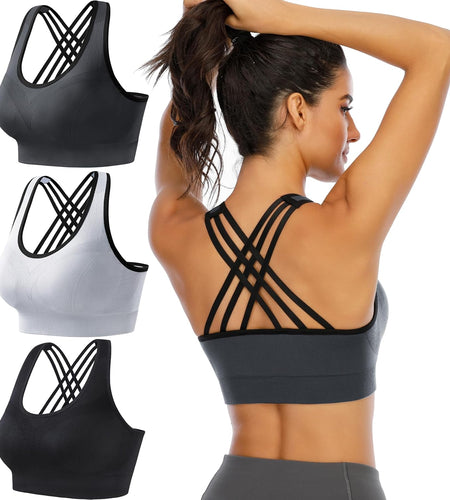 Women'S Sports Bras Padded Sports Bra Supportive Strappy Criss Cross Yoga Bra Workout Athletic Bras 3 Pack